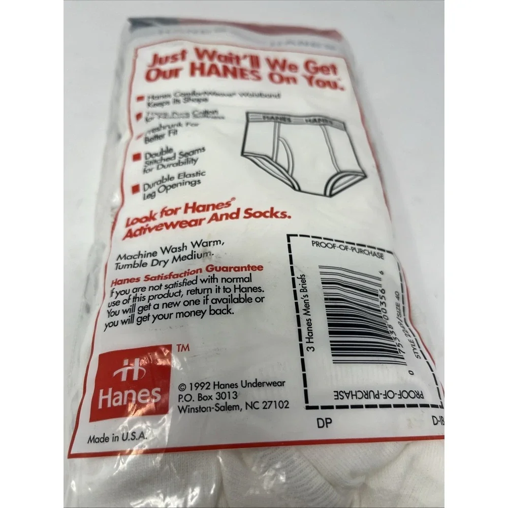 VTG Hanes Mens Briefs‎ Sz 40 100% Cotton 3 Pair Tighty Whities Made USA NOS 1992